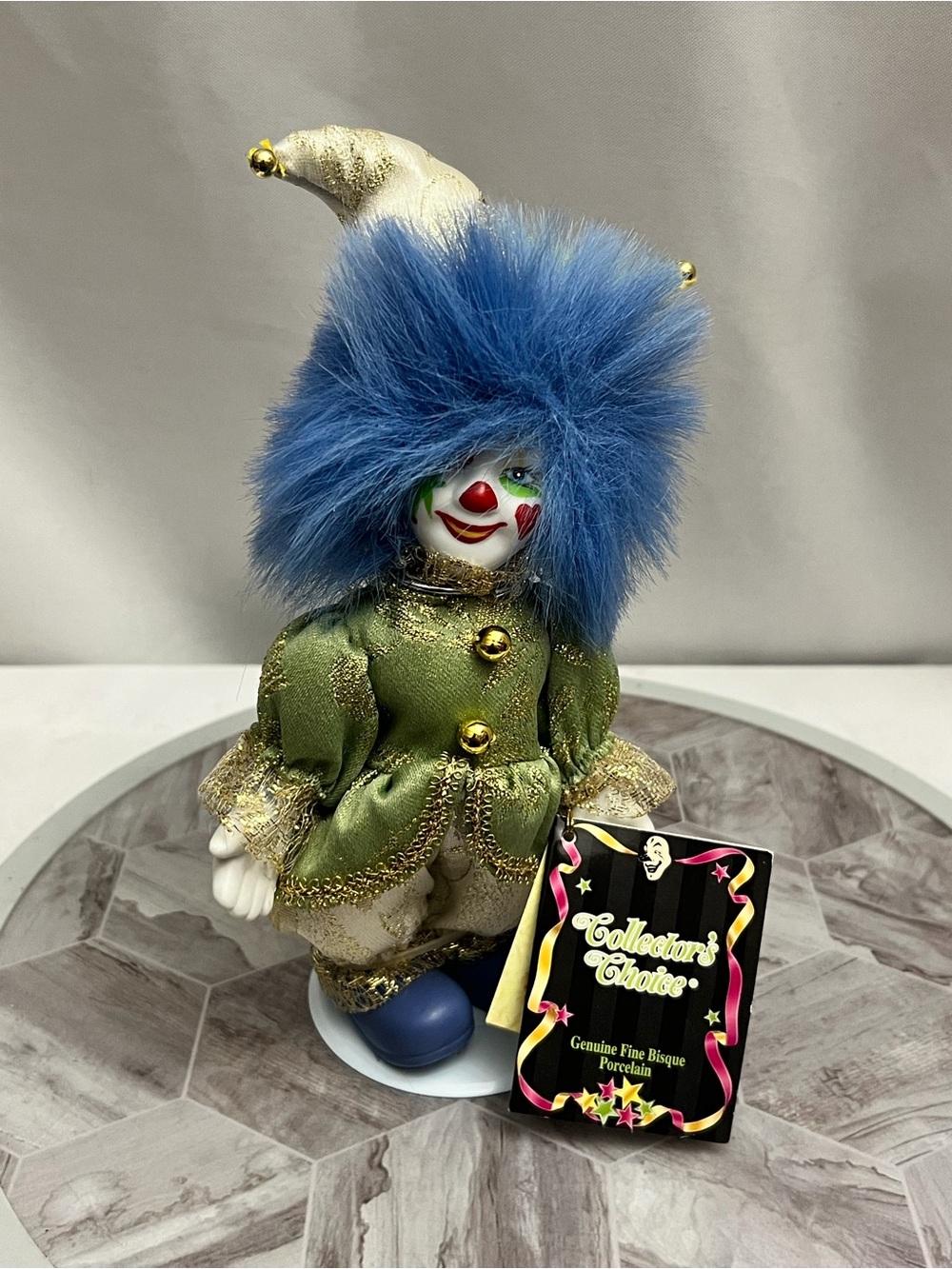 Dan Dee Collector’s Choice 9” Porcelain Clown Doll Blue Hair Jester Tags